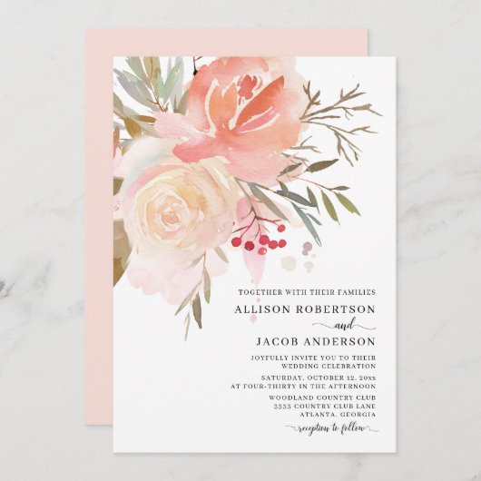 Invitation Mariage à fleurs rose pâle chic (Devant / Derrière)