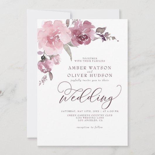 Invitation Mariage à fleurs rose pastel rose pâle Rose poussi (Devant)