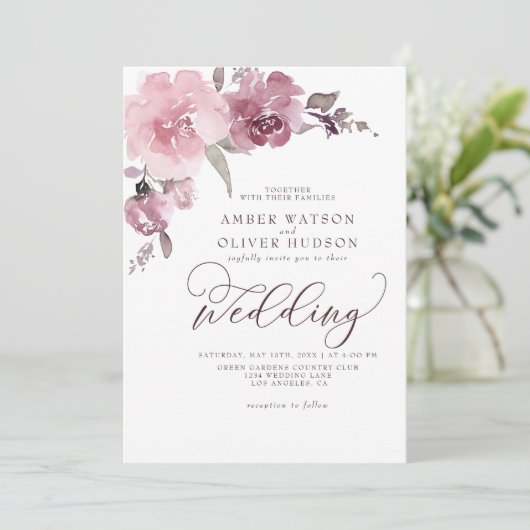 Invitation Mariage à fleurs rose pastel rose pâle Rose poussi (Debout devant)