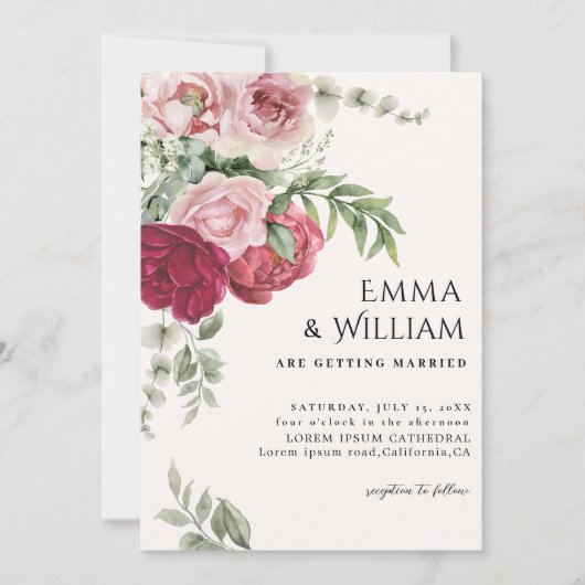 Invitation Mariage à fleurs rose vif et marsala Rose pivoine (Devant)