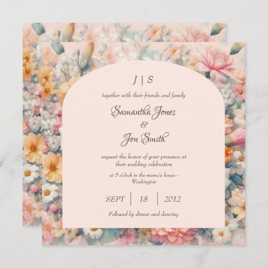 Invitation Mariage à fleurs roses (Devant / Derrière)