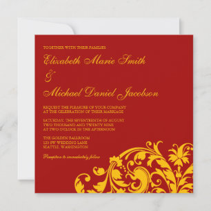 Invitation Mariage à fleurs rouge et or