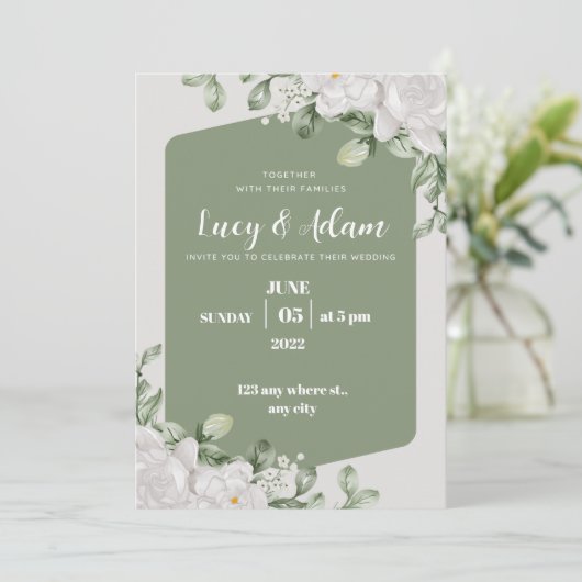 Invitation mariage à fleurs vert et blanc (Debout devant)