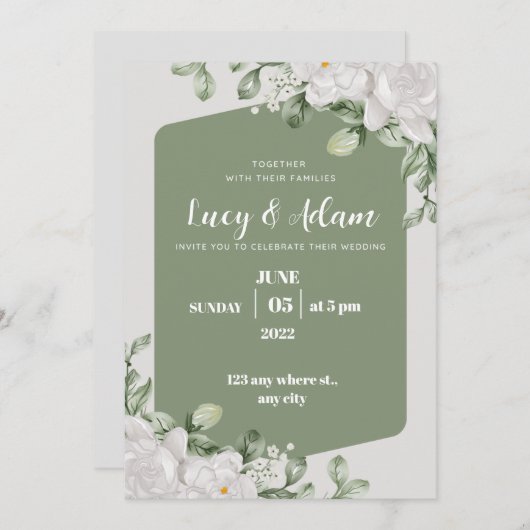 Invitation mariage à fleurs vert et blanc (Devant / Derrière)