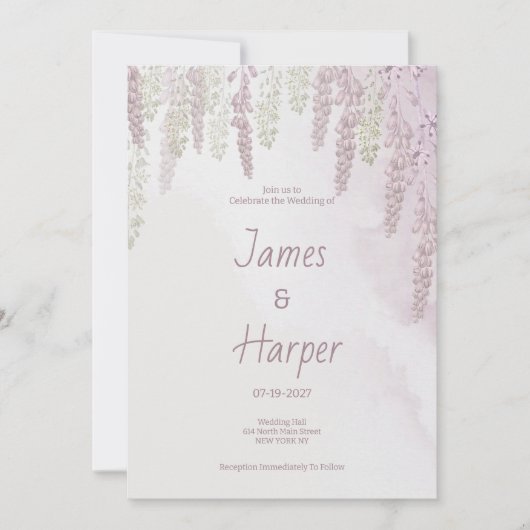 Invitation Mariage à fleurs vert menthe rose champêtre mauve (Devant)