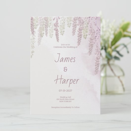 Invitation Mariage à fleurs vert menthe rose champêtre mauve (Debout devant)