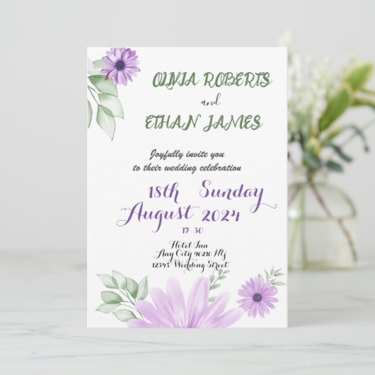 Invitation Mariage à fleurs violet d'aquarelle (Debout devant)