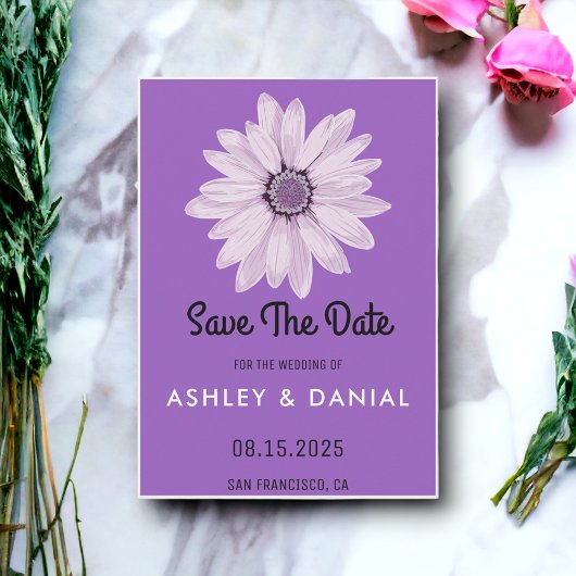 Invitation Mariage à fleurs violet rose blanche Sauvez la dat