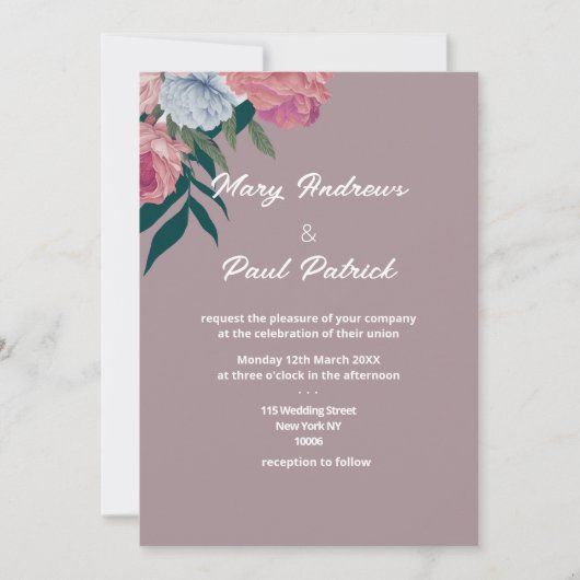 Invitation Mariage à fleurs violet vert foncé (Devant)