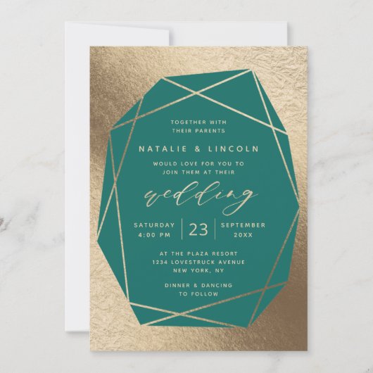 Invitation Mariage à gemstone Turquoise vert et or (Devant)