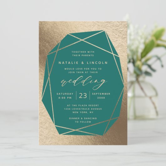 Invitation Mariage à gemstone Turquoise vert et or (Debout devant)