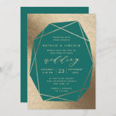 Invitation Mariage à gemstone Turquoise vert et or (Devant / Derrière)