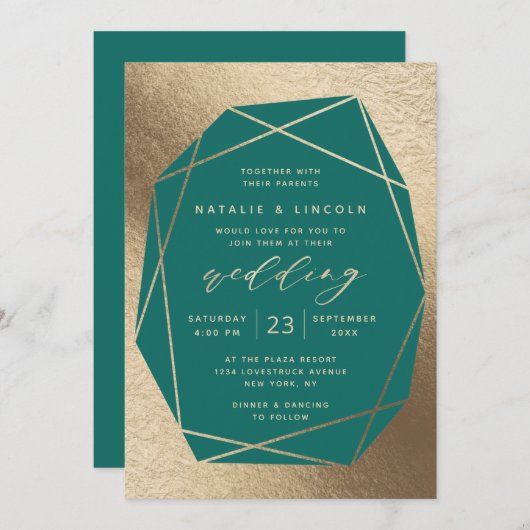 Invitation Mariage à gemstone Turquoise vert et or (Devant / Derrière)