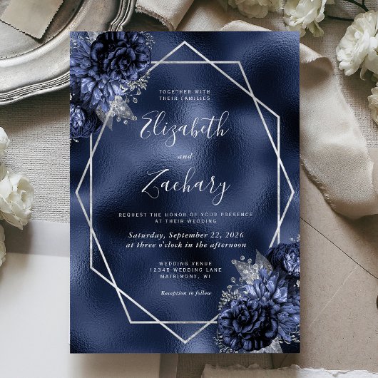 Invitation Mariage à huile bleu marine Floral Argent Frame Fa