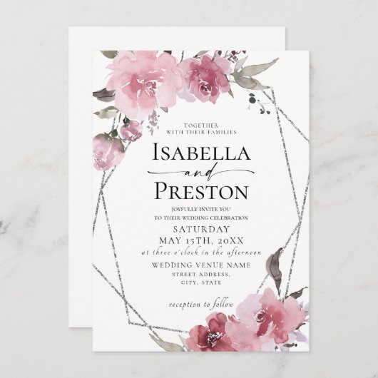 Invitation Mariage à huile d'argent de Boho flush Rose poussi (Devant / Derrière)