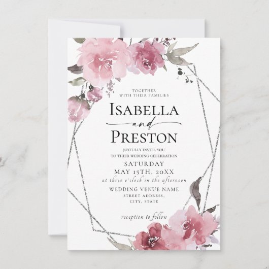 Invitation Mariage à huile d'argent de Boho flush Rose poussi (Devant)