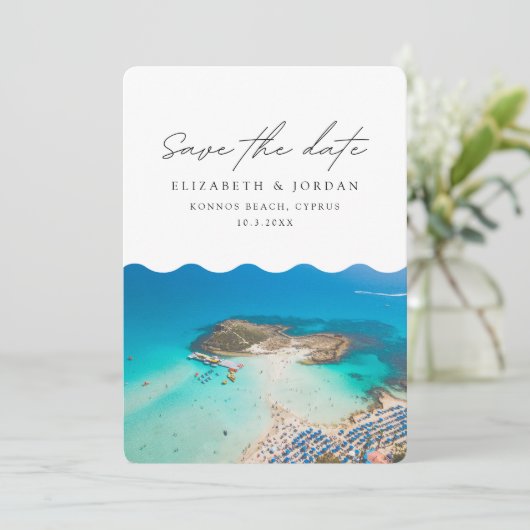 Invitation Mariage à Konnos Beach Chypre Enregistrez la date (Debout devant)