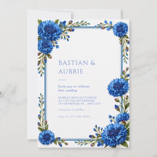 Invitation Mariage à la bordure florale de bleuet (Devant)