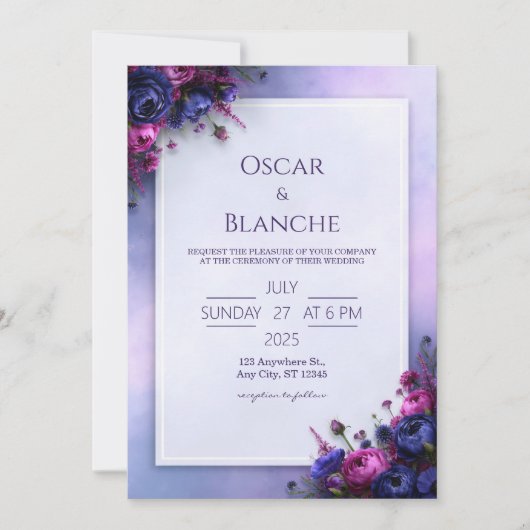 Invitation Mariage à la bordure florale indigo fuchsia (Devant)