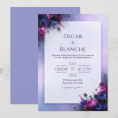 Invitation Mariage à la bordure florale indigo fuchsia (Devant / Derrière)