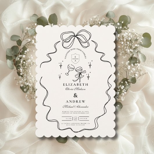Invitation Mariage à la Champagne Doodle avec un Ruban Fantai