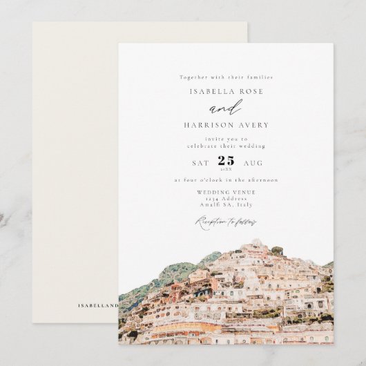 Invitation Mariage à la Côte d'Amalfi en aquarelle Italie (Devant / Derrière)