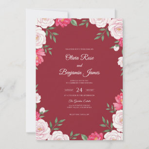 Invitation Mariage à la couronne de pétales bordeaux