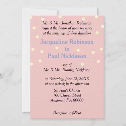 Invitation Mariage à la crème de rose pois bleus (Devant)