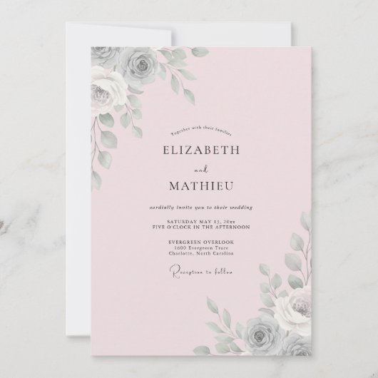 Invitation Mariage à la feuille d'argent rosée (Devant)