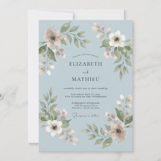 Invitation Mariage à la feuille de bleu poudre (Devant)