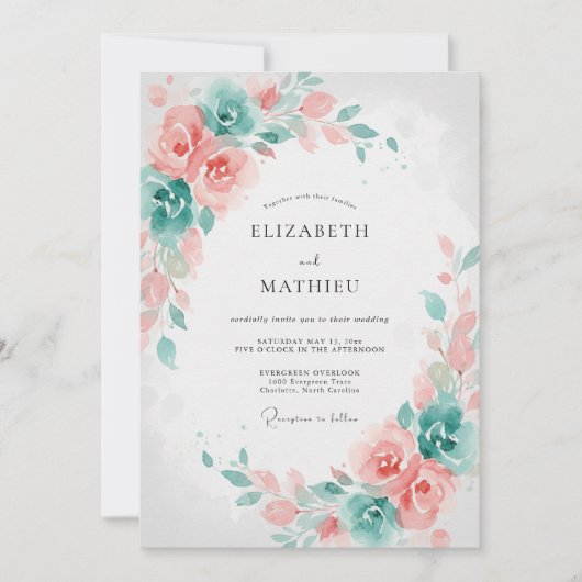 Invitation Mariage à la feuille de menthe corail (Devant)