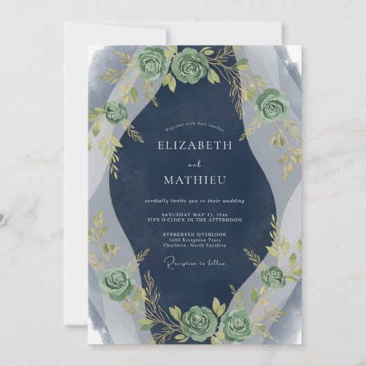 Invitation Mariage à la feuille de sauge indigo (Devant)