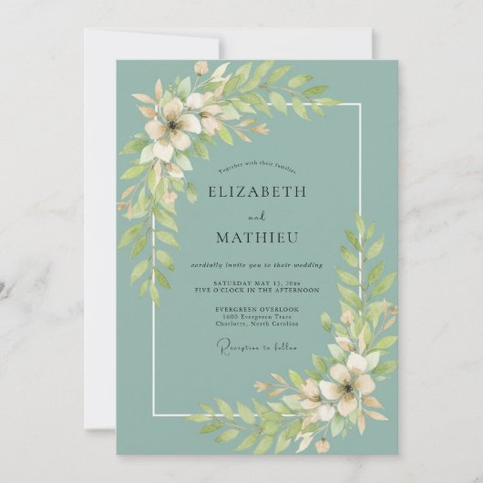 Invitation Mariage à la feuille de teal poussiéreuse (Devant)