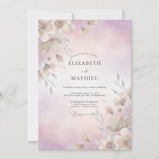 Invitation Mariage à la feuille de violette pâle (Devant)