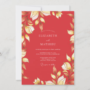 Invitation Mariage à la feuille d'or rouge cramoisi
