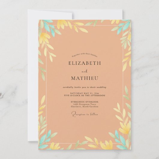 Invitation Mariage à la feuille peinte ambre (Devant)