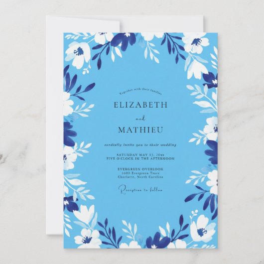 Invitation Mariage à la feuille peinte d'azur (Devant)