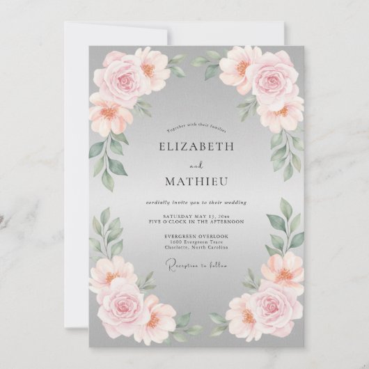 Invitation Mariage à la feuille rose pétale argentée (Devant)