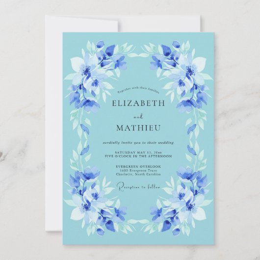 Invitation Mariage à la Fleur Botanique Bleue (Devant)
