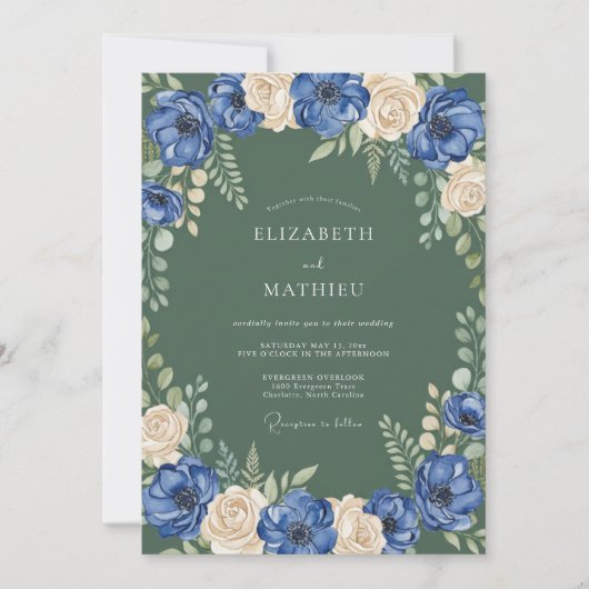 Invitation Mariage à la Fleur Botanique Crème Bleue (Devant)