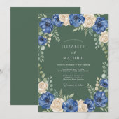 Invitation Mariage à la Fleur Botanique Crème Bleue (Devant / Derrière)