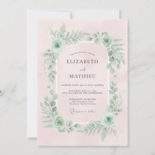 Invitation Mariage à la Fleur Botanique Rose Pâle (Devant)