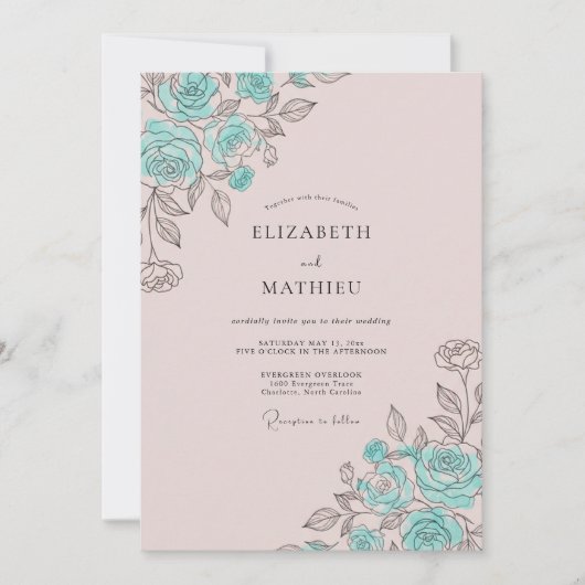 Invitation Mariage à la Fleur de Rose Sarcelle (Devant)