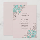 Invitation Mariage à la Fleur de Rose Sarcelle (Devant / Derrière)