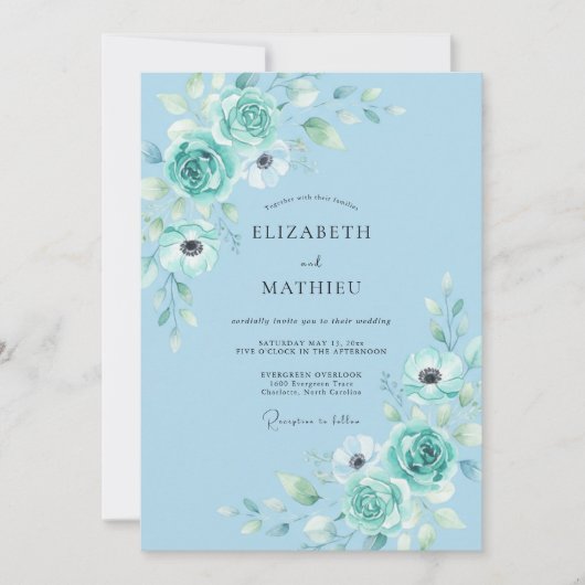 Invitation Mariage à la Fleur Douce de Teinte Cyan (Devant)