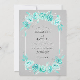 Invitation Mariage à la Fleur Romantique de Teinte Cyan