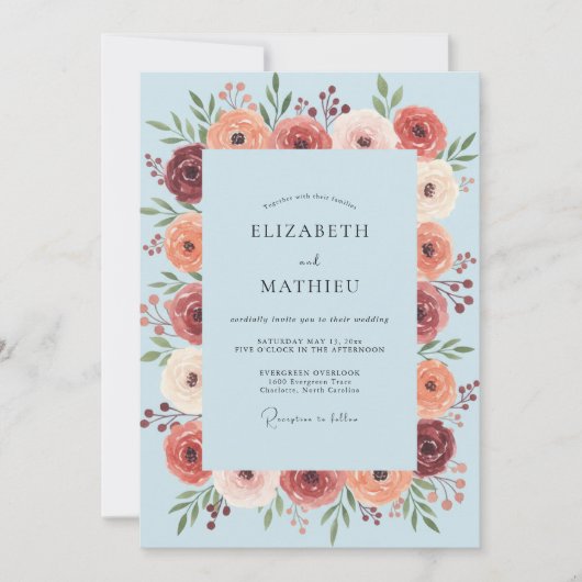Invitation Mariage à la Fleuraison Bleue Clair (Devant)