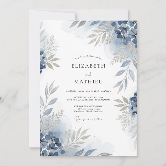 Invitation Mariage à la Floraison Bleu Ardoise (Devant)