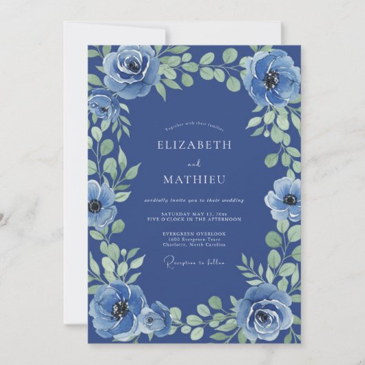 Invitation Mariage à la Floraison Bleu Cobalt (Devant)