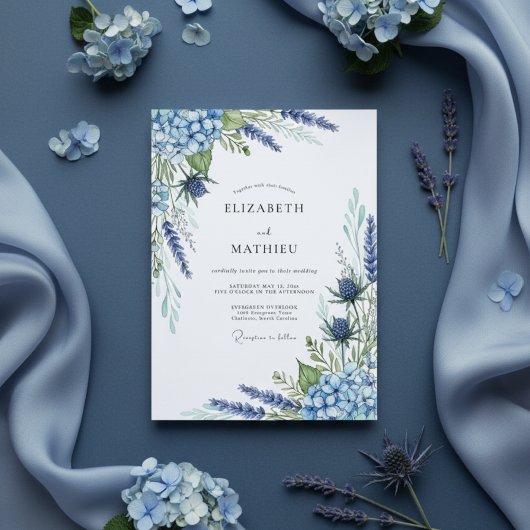 Invitation Mariage à la Floraison Bleue Poussiéreuse